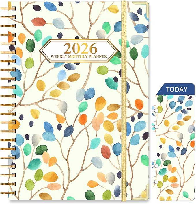 2026 Planner, Jan.2026 - Dec.2026 Planner Weekly and Monthly 6.25"x8.5" with with Page Tabs, Calendar Hardcover with Inner Pocket, Elastic Band,Twin-Wire Binding,Bookmark, Colored Leaves