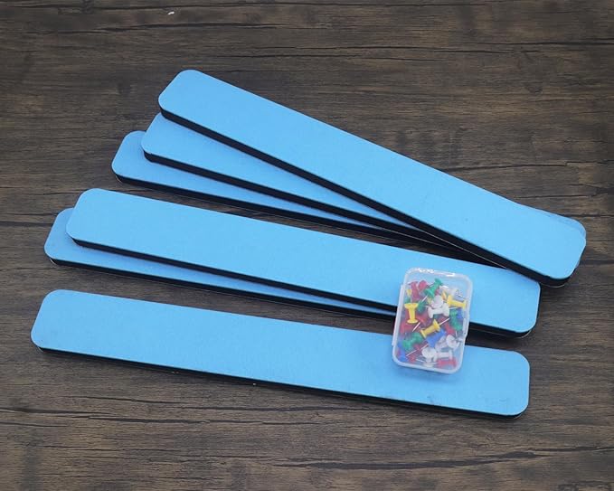 6Pcs Felt Bulletin Board Bar Strip 0.5 Inch Thick Self-Adhesive Pin Board Bar 13 Inch in Length with 35 Pushpins (Light Sky Blue)