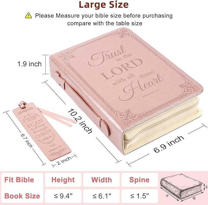 Large Bible Cover Case for Men Women, Mens Bible Covers Cases Leather Bible Cover Carrying Case for Women Men with Handle Zippered Bible Book Cover Holder Bag Case(Rose Gold, L)