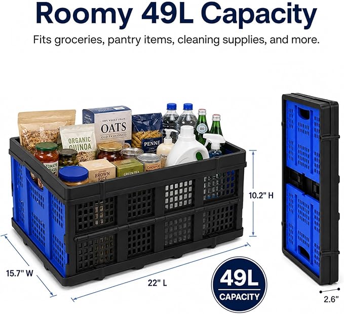 Collapsible Storage Crates 2 Pack, Heavy Duty Foldable Plastic Storage Bins, Stackable Garage & Trunk Organizers for Car, Home, Grocery & Moving Storage, 49L, Blue