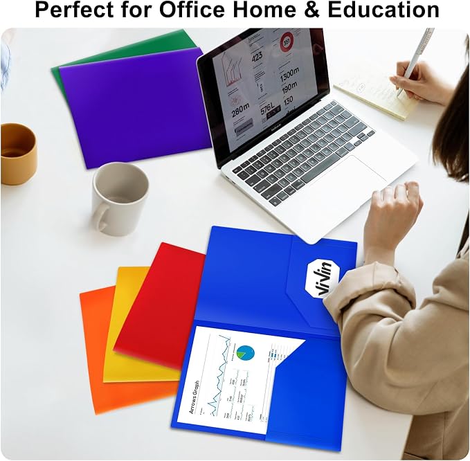 ViVin 6-Pack Plastic Folders with Pockets, Poly Folder with 2 Pockets, Assorted Folders Hold US Letter Size Paper for School/Office/Home