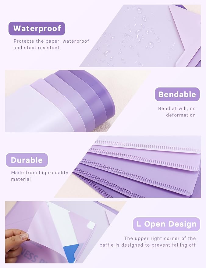 Plastic Folders Sleeves, Gradient Colors Plastic Project Pockets for Paper 11.9 × 8.5 Inches, Transparent Document Folders for School and Office Supplies (5 Pack, Purple)