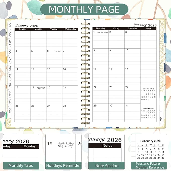 2026 Planner, Jan.2026 - Dec.2026 Planner Weekly and Monthly 6.25"x8.5" with with Page Tabs, Calendar Hardcover with Inner Pocket, Elastic Band,Twin-Wire Binding,Bookmark, Colored Leaves
