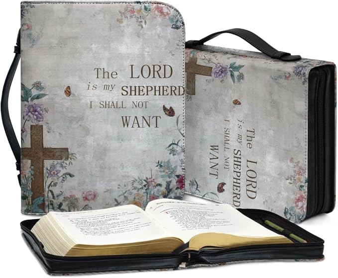 Vintage Style Floral and Cross Bible Case with Bookmark Waterproof Bible Cover Case for Women Lightweight Bible Bag with Handle Pockets Church Book Bag Grey