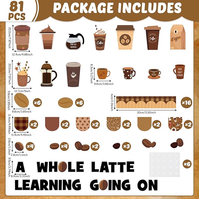 Coffee Bulletin Board Set Coffee Cup Classroom Decoration Latte Themed Paper Cutouts Positive Bulletin Board Border for Back to School Nursery Chalkboard Classroom Door Wall Decor Teacher Supplies