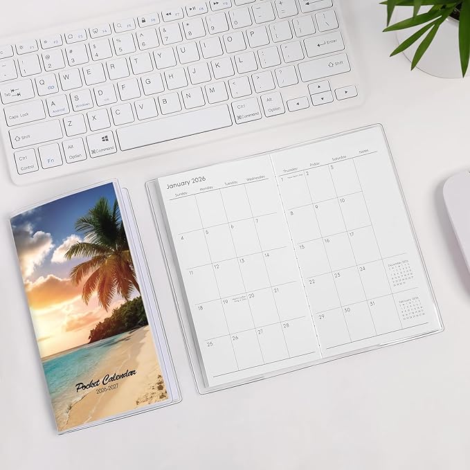 Pocket Calendar 2026-2027, Purse Monthly Planner - 3.7" x 6.7" - Runs from January 2026 Until December 2027, Calendar Planner with Beach PVC Cover for Office