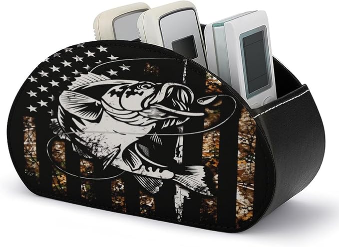 Camo Bass Fishing Remote Control Holder with 5 Compartment PU Leather Multi Functional Desk Storage for TV Remotes Office Supplies