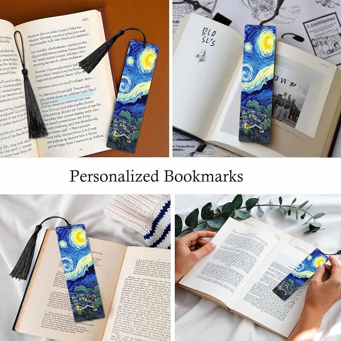 Starry Sky Bookmarks Set 5 with Tassels Blue Mysterious Painting Wooden Bookmarks for Reading Women Men Students Teachers School Supplies
