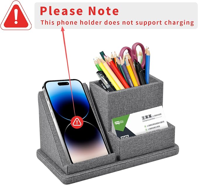 Multi-Function Pen/Pencil Holder-Linen Leathe Excellent Cell Phone Touch Screen Solution Holde-Business Card Holder/Sticky Note Tray,Desk Organizer for Office Supplies,Desktop Caddy,Grey