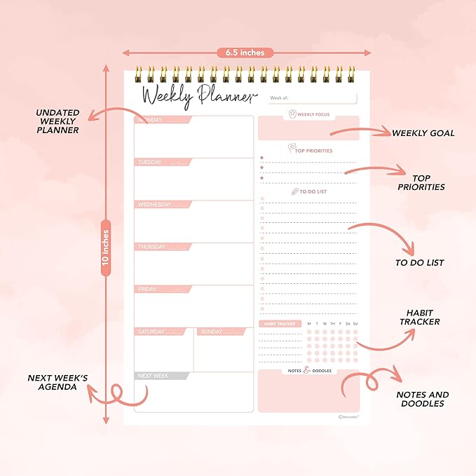 Decorably 52 Sheets Nude Pink Undated Weekly Planner Notepad Tear Off, 6.5x10in Spring-Bound Design, With Focus, Priorities, To Do List, Habit Tracker, Notes and Doodles - Home, School, Office