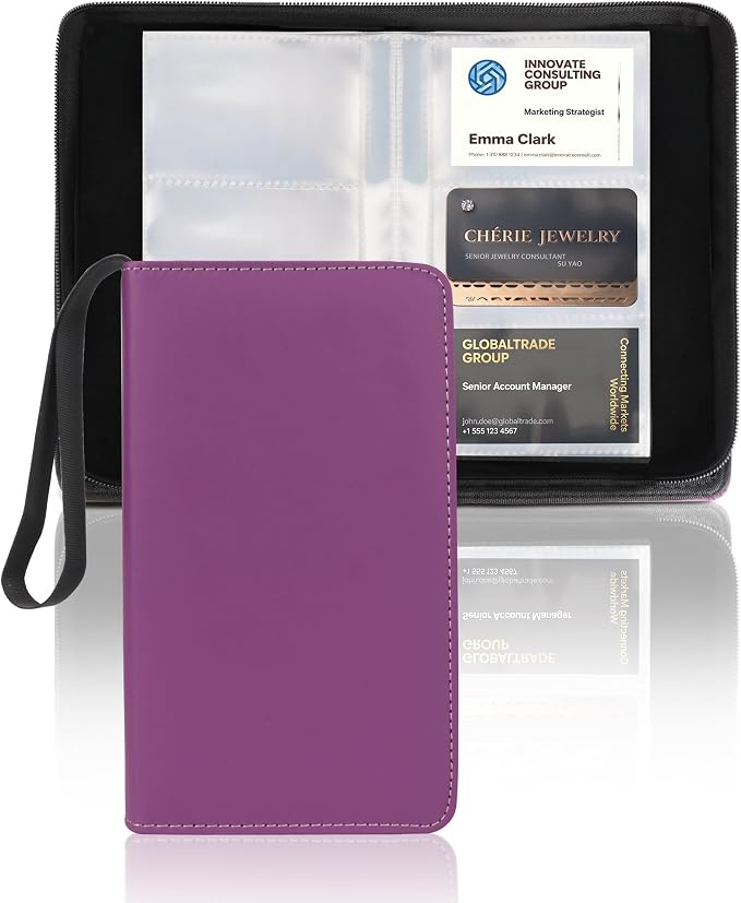 Leather Business Card Book Holder Organizer, Professional Name Card Book Holder with 300 Card Capacity, Portable PU Credit Card Wallet File Sleeve Storage for Men Women,50 Pack Sleeves (Dark Purple)