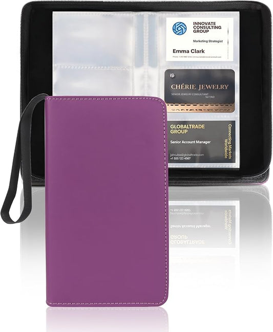 Leather Business Card Book Holder Organizer, Professional Name Card Book Holder with 300 Card Capacity, Portable PU Credit Card Wallet File Sleeve Storage for Men Women,50 Pack Sleeves (Dark Purple)