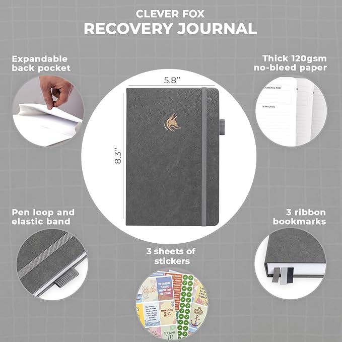Clever Fox Addiction Recovery Journal – Addiction Treatment Planner & Workbook – Daily Sobriety Journal for Recovery Progress, A5 (Gray)