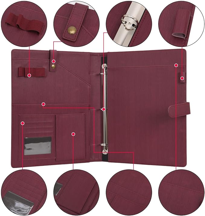 Wonderpool A4 PU Leather Portfolio Holder Ring File Document Case with Removable Binder Clipboard, Multi Pocket and Legal Pad for Business Organizer Interview and Meeting (Wine red)