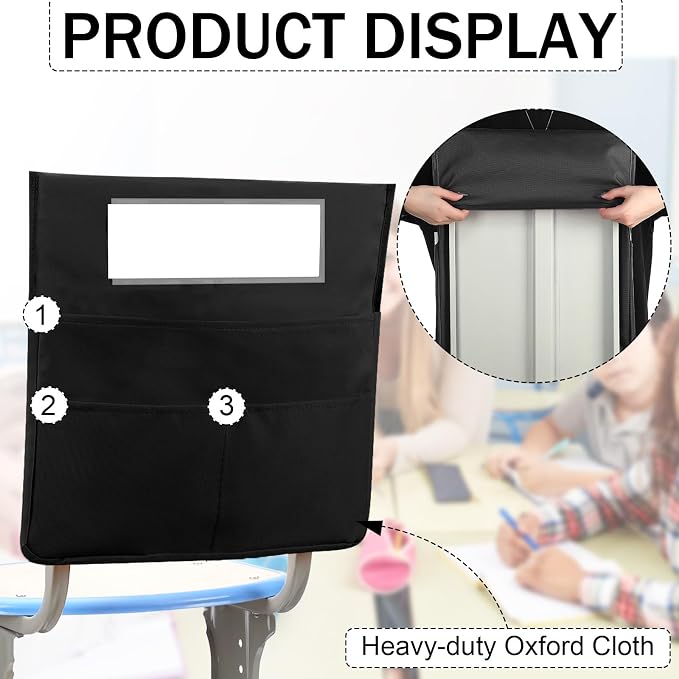 Boao 24 Pcs Chairback Pockets for Classroom with Name Tags, 16.3 x 15 Inch Seat Storage Organizers, 2 Large Pockets Chair Back Organizers for Students Teachers School Supplies(Black)