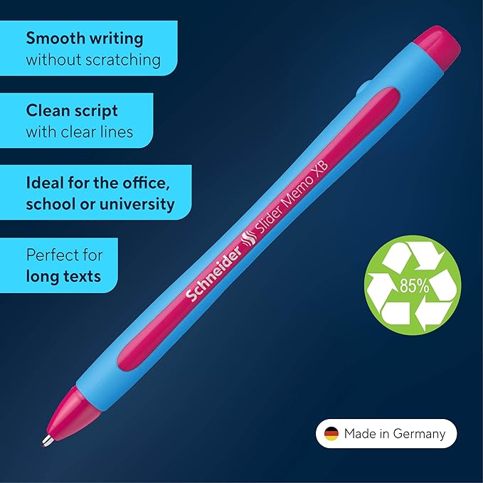 Schneider Slider Memo XB (Extra Broad) Ballpoint Pen, 1.4 mm, Light Blue Barrel, Pink Ink, Box of 10 Pens (150209)