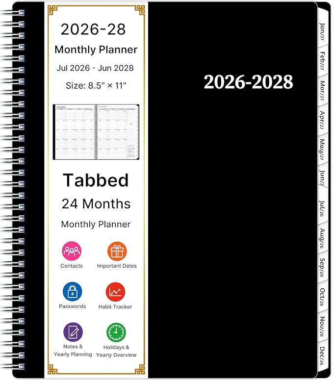 2026-2028 Monthly Planner, 2 Year Calendar Planner, Jul 2026 - Jun 2028, 8.5’’ x 11’’, Large Spiral Agenda, 24 Months, with Tabs ＆Pocket, Flexible Cover, Organizer for Office Home School, Black