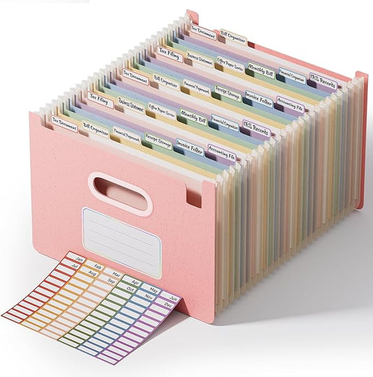 ThinkTex 26-Pocket Accordion File Organizer, Upright Open Top, Monthly Tabs, High Capacity Wheat Straw Expanding File Folder, Fits Letter A4 & Manila Folders for School Home Office -Strawberry Pink