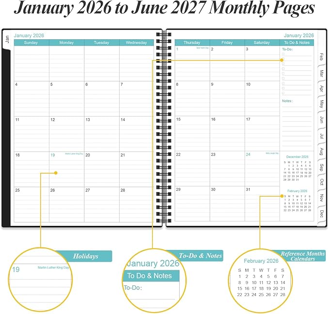 2026-2027 Monthly Planner - 18 Monthly Calendar, January 2026 - June 2027, Two Pages Per Month, 9" x11" Planner with Tabs, Strong Twin-Wire Binding, Inner Pocket, Black