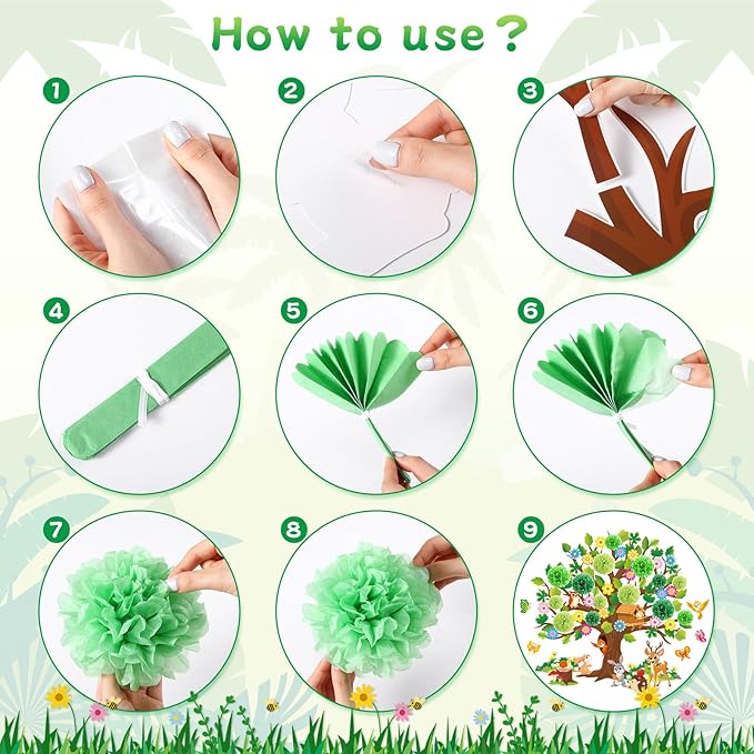 Pajean 126 Pieces Classroom Tree Bulletin Board Set Spring Tree Bulletin Board Decoration with Paper Pom Poms 3D Flowers Leaves Butterfly Cutouts for School Classroom Home Wall Chalkboard Decor