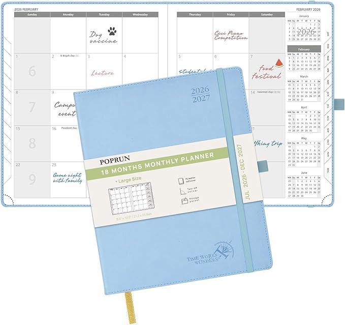 POPRUN Monthly Planner 2026-2027 (Large- 8.5" x 10.5" Soft Cover), 18-Month Calendar Book (Jul.2026-Dec.2027), Calendar Planner with Monthly Tabs & Pocket, 100 GSM Paper - Blue