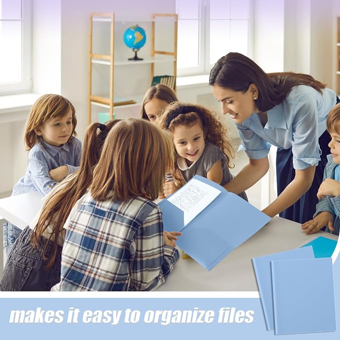 Gueevin 100 Pack Plastic Folder with Pockets, 2 Pocket Folders, Plastic Glossy Folders Fit Letter Size Paper, Heavy Duty Durable File Folder with Business Card for Home Office School (Haze Blue)