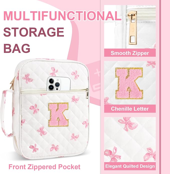 Personalized Initial Bible Cover Case for Women Girls Kid - Large Quilted Bible Case with Handle,Chenille Letter Bag Study Supplies,Christmas Gifts for Christians Birthday Graduation(Pink Bow-K)