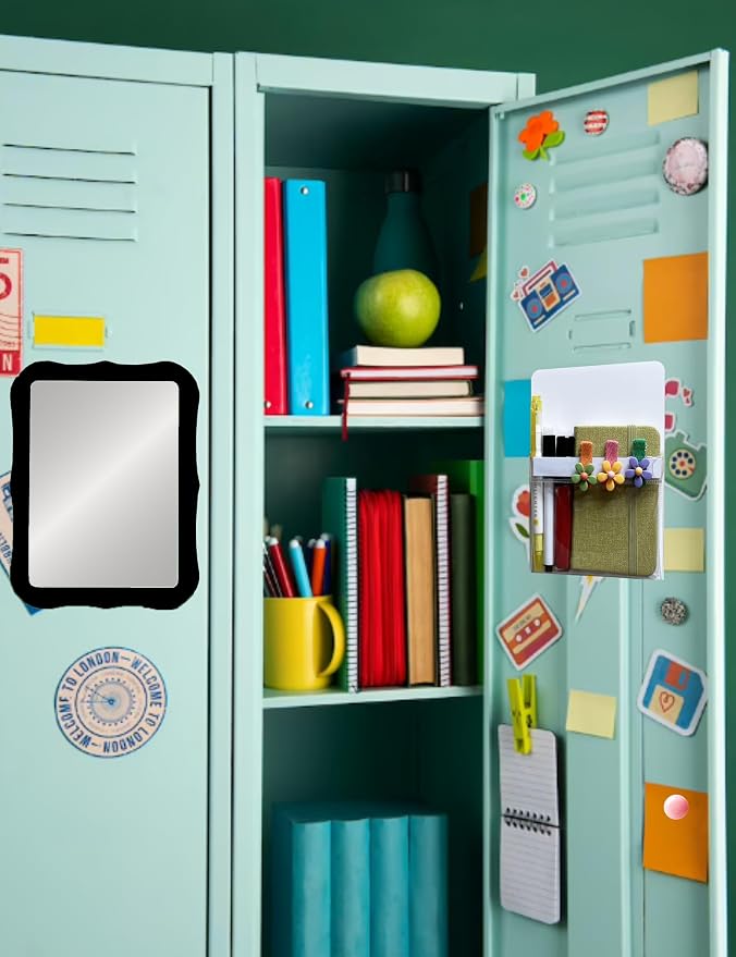 Magnetic Locker Mirror with Magnetic Pen Holders, Locker Accessories Kit, Back to School Essentials, Cute Decorative Locker Organizer for School Locker Decor, Office, Fridge, Home Decor(Black)