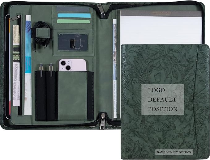 AZXCG Leather Portfolio with Zipper,Embossed PU Leather Padfolio Folio,Professional Business Document Organizer with A4 Letter Sized,Writing Pad Holder,Gifts for Women/Men (Dark Green, Custom)