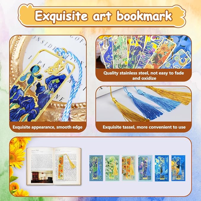 Kinsound Metal Bookmarks with Tassel, Golden Van Gogh Monet Oil Painting Theme Cute Hollow Book Markers for Reading Women, Teachers, Students, Reading Accessories Gifts for Book Lovers (Style A(6PCS))