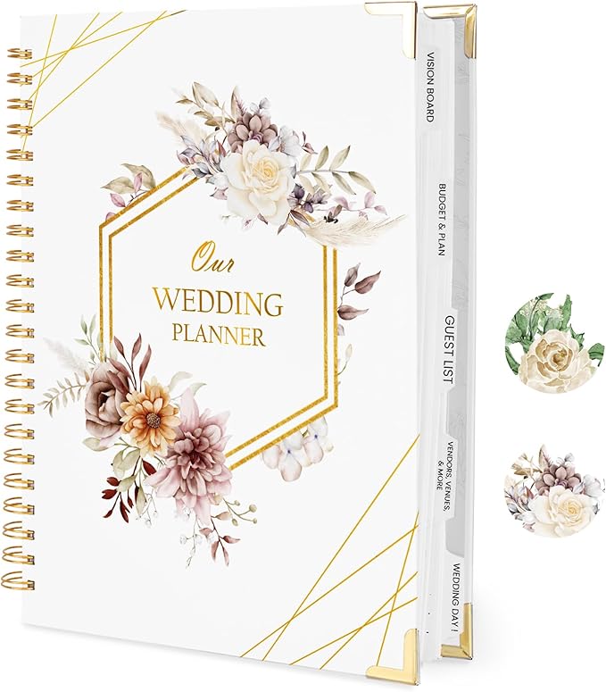 Wedding Planner Book and Organizer for the Bride, 9x12" Wedding Planning Book with 5 Tabbed Sections, Pockets, Checklists, Calendars, Countdown, Metal Corner, Engagement Gifts for Couples, Flower
