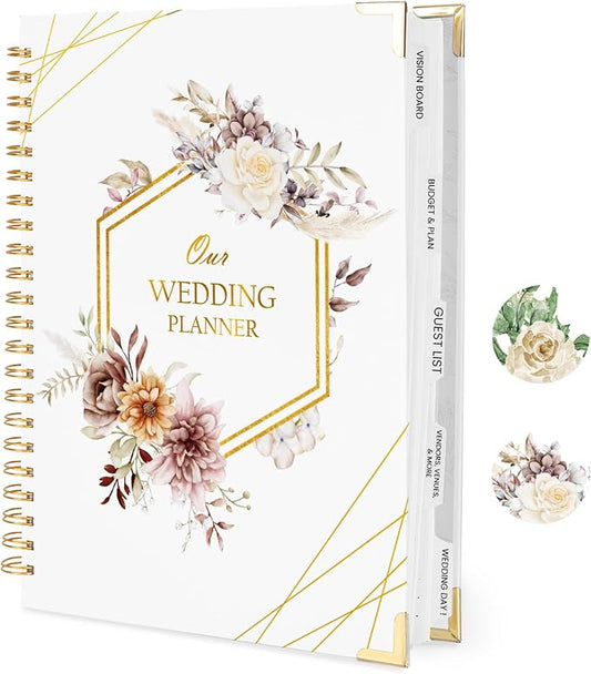 Wedding Planner Book and Organizer for the Bride, 9x12" Wedding Planning Book with 5 Tabbed Sections, Pockets, Checklists, Calendars, Countdown, Metal Corner, Engagement Gifts for Couples, Flower