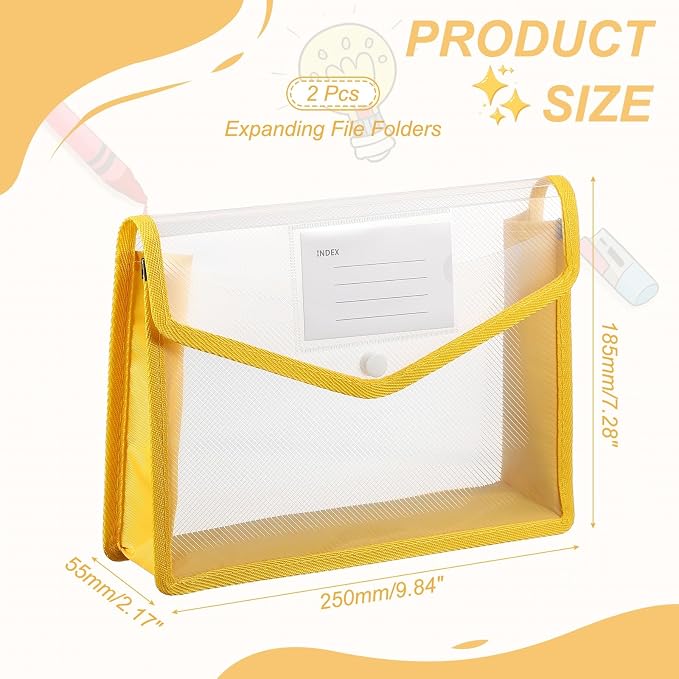 PATIKIL Plastic Expanding File Folders, 2 Pack B5 File Folder Envelopes Letter Size Document Organizer Supplies with Snap Closure for Classroom Office, Yellow, Horizontal