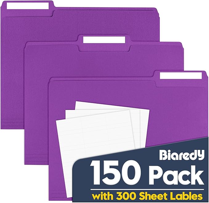 File Folders,Colored File Folders Letter Size 8.5" x 11",150 Pack 1/3 Cut Tab Bulk Folders,Durable Paper Folders with Blank Labels for Office Business School Home Use,Vivid Purple