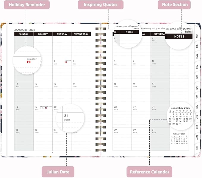 2026 Planner, Weekly and Monthly Calendar Planner, Academic Daily Agenda (Jan 2026 - Dec 2026), Hardcover Planning Notebook for Office Accessories and School Supplies, Elegant Florals