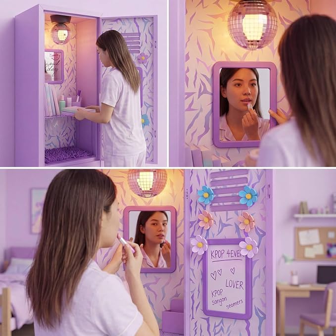 Pinkunn 17 Pcs Kpop Locker Accessories Include Kpop Locker Organizer Shelf Purple Rug Disco Ball Magnetic Mirror Whiteboard Pen Holder Flower Magnets Marker for Back to School Essentials