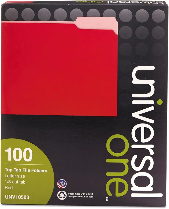 Colored File Folders, 1/3 Cut One-Ply Top Tab, Letter, Red, 100/Box