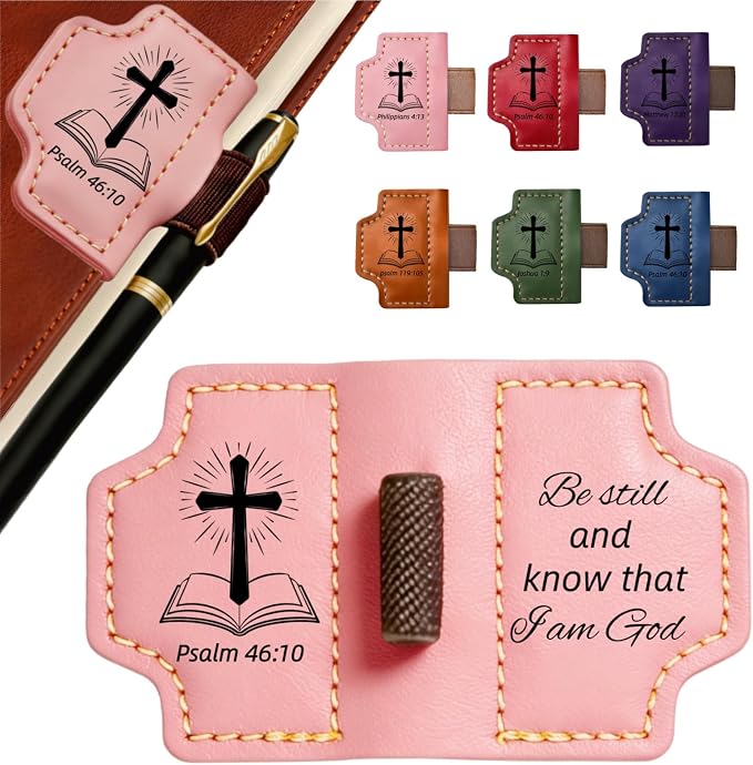 MOTEERLLU Bygone Mark Personalized Magnetic Leather Bookmark Pen Holder, Christian Gifts, Inspirational Bible Book Marks for Reading Women, Men, Teachers, Book Lover(Pink Psalm 46:10)