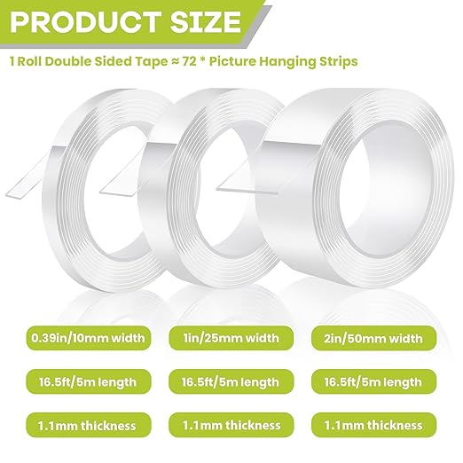 Double Sided Tape Heavy Duty, Removable Nano Double Sided Adhesive Tape, Clear Mounting Tape Picture Hanging Adhesive Strips Waterproof for Walls Photo Crafts Carpet Poster, 1" x 16.5FT