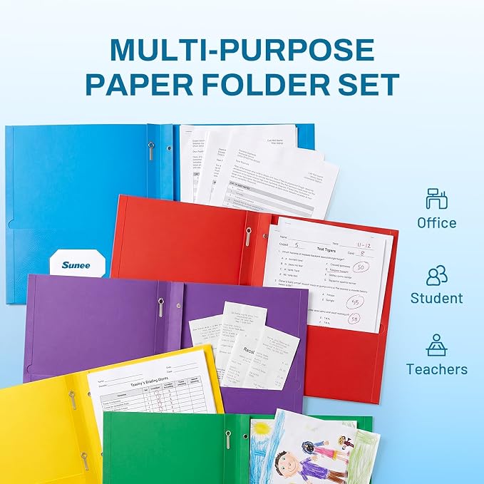 SUNEE 2 Pocket Folders with Prongs (25 Pack, Assorted Colors), Paper Folders with 2 Pockets and 3 Prongs Fit Letter Size Paper, Folders with Prongs for School Office Home Business