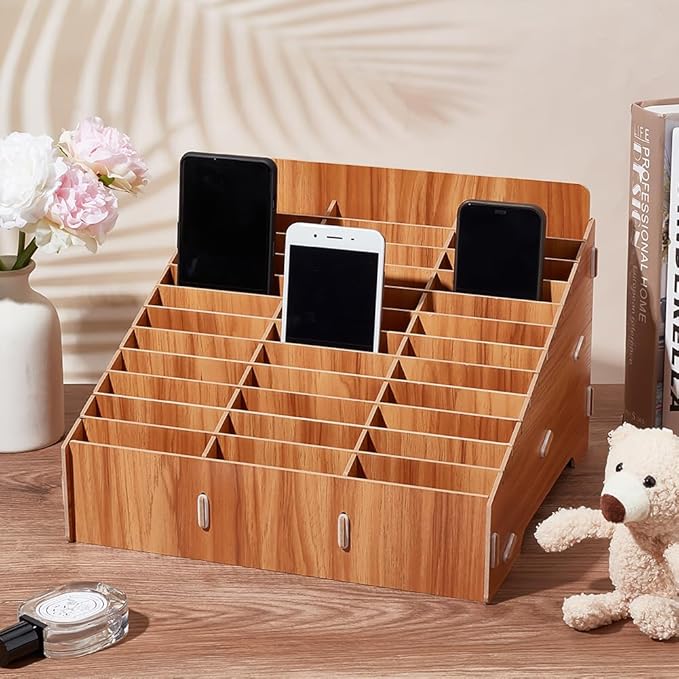 BENECREAT 36-Grid Wooden Cell Phone Storage Box, Mobile Phone Holder Organizer Creative Desktop Organizer for Office Meeting, School Classroom Supplies, Dark Goldenrod