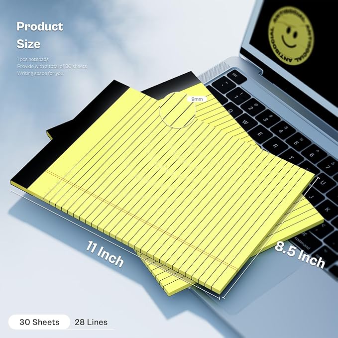8 Pack Yellow Legal Pads 8.5x11 Yellow Notepads 30 Sheets Perforated Yellow Paper Pads Wide Ruled Yellow Note pad 70GSM Premium Thick Paper Double-Sided Printing Writing Tablets for Students, Office