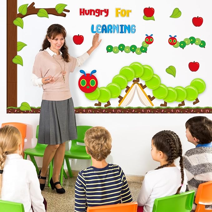 AgincBerry Spring Caterpillar Bulletin Board Decoration - 85Pcs Insect Theme Bulletin Border Set for Classroom 3D Paper Plate Caterpillar Very Hungry for Learning Cutout for White Chalkboard Decor