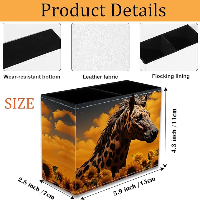 Pen Holder for Desk, PU Leather Multifunctional Desktop Storage Box and Anti-Slip Mouse Pad Set, Makeup Brush Holder Pen Organizer for Office and Home - Horse Leopard Print Sunflower