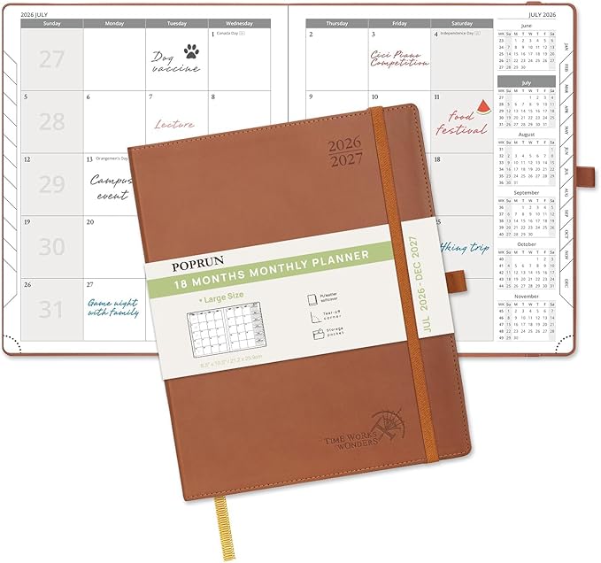 POPRUN Monthly Planner 2026-2027 (Large- 8.5" x 10.5" Soft Cover), 18-Month Calendar Book (Jul.2026-Dec.2027), Calendar Planner with Monthly Tabs & Pocket, 100 GSM Paper - Brown