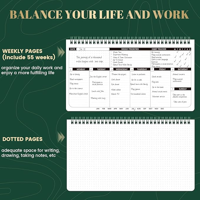 Weekly Planner 2026 – 11.2" x 6.3", Dark Green Spiral Bound, Thick Paper for Smooth Writing, Portable Size for Students, Teachers & Office Workers, 55 Weeks