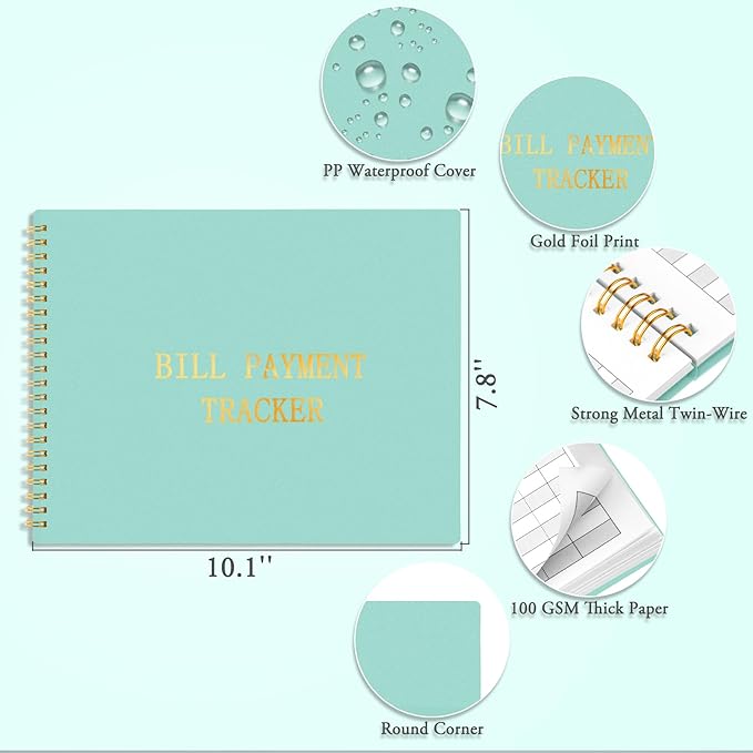HAUTOCO Bill Tracker Notebook Monthly Bill Payment Tracker for Personal Budgeting Home Financial with 2 Storage Pocket, Payments Checklist Organizer Bill Planner 10.1 x 7.8'', Mint Green