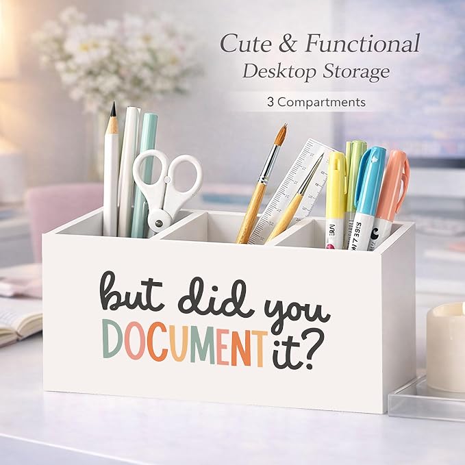 Funny Office Desk Organizer Wooden Pen Pencil Holder for Desk, 3 Compartments, But Did You Document It Desk Decor, Funny Coworker Gifts for Women Men Home Office Storage