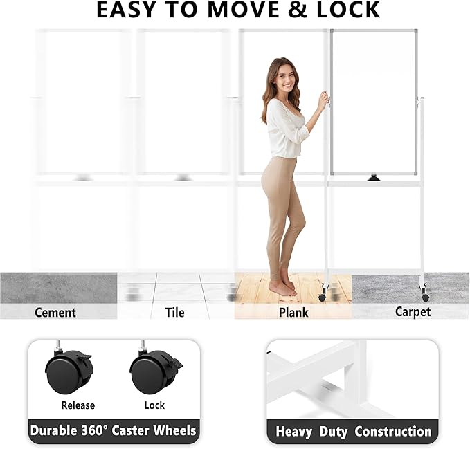 Large Rolling Whiteboard on Wheels, 40" x 24" Double-Sided Mobile White Board with Stand, Portable Standing Magnetic Dry Erase Board Easel for Home Office Classroom School, Silver