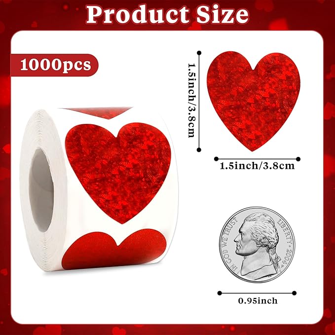 Heart Stickers, 1000Pcs Glitter Red Heart Stickers, 1.5" Shiny Self Adhesive Foil Red Love Decorative Labels for Valentine's Day, Wedding, Anniversaries, Mother's Day, Award Classroom Supplies